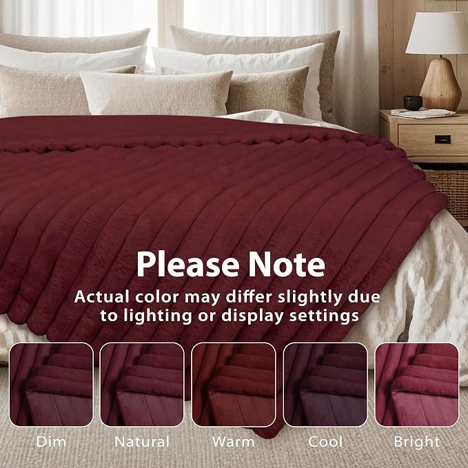 DEZ FURNISHINGS Luxury Reversible Textured Stripe Faux Fur & Velvet Throw Blanket, Throw XL (50" x 70"), Burgundy Red