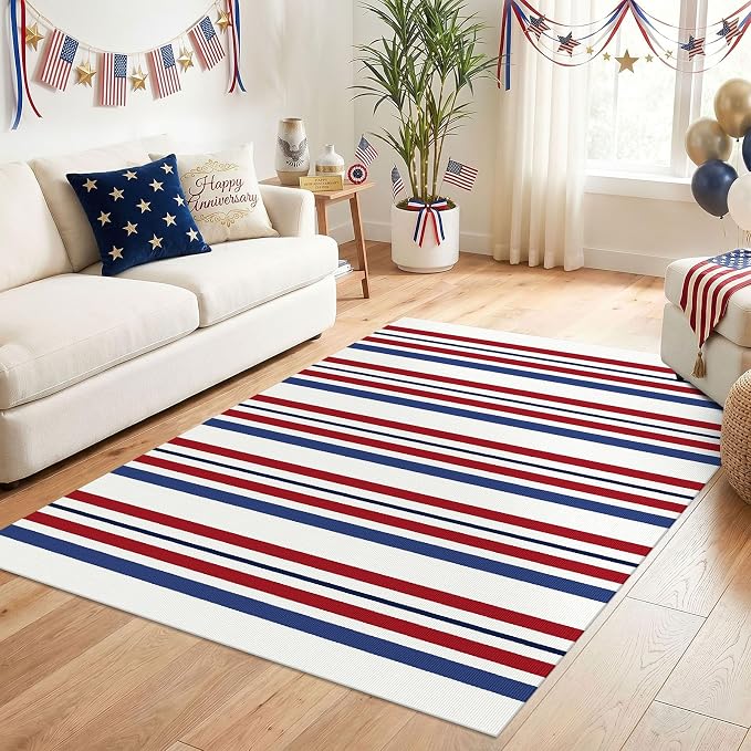 KILOCOCO 250th Anniversary Patriotic Striped Rug 4x6 ft, Red Blue White | Washable Front Door Rug, Woven Welcome Mat for Front Porch, Outdoor Rug for Memorial Day, Indoor Independence Day Decor