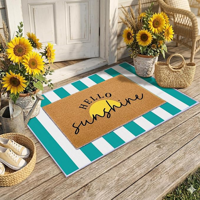 2 Pcs Layered Front Porch Decor, Hello Sunshine Welcome DoorMats Summer Coastal Entryway Rug Set, Light Blue White Striped Crystal Velvet Base and PVC Coil Door Mat, 15.7x23.6 & 23.6x31.5