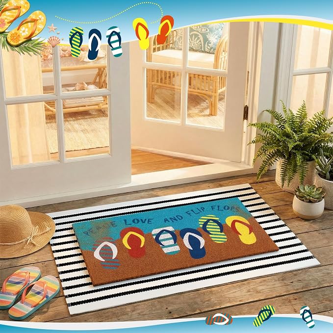 Moucuny 2 Pcs Summer Coir Doormat Outdoor, 16'' x 28'' Beach Mats Peace Love and Flip Flops Welcome Mats, 24'' x 35'' Non-Slip Outdoor Black White Stripe Layered Rug for Porch Front Entryway Decor