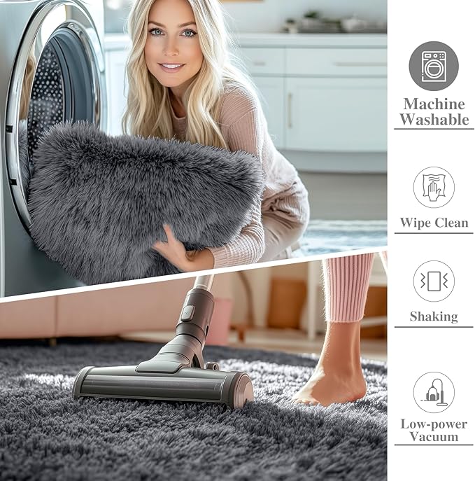 OLANLY 5x12 Machine Washable Large Area Rugs for Living Room, Bedroom, Soft Fluffy Shaggy Bedside Rug, Indoor Floor Carpet for Kids Girls and Boys, Dorms, Nursery, Home Decor Aesthetic, Grey