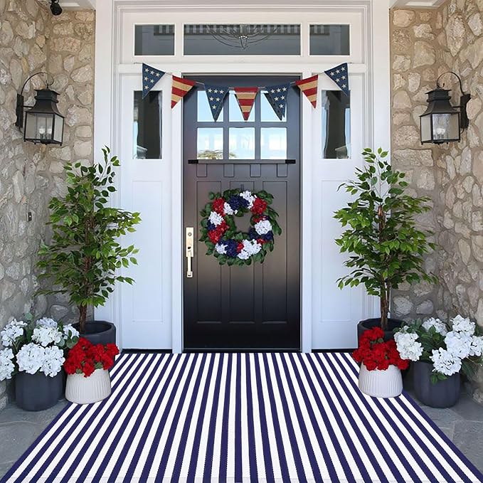 CAINANEL Blue and White Striped Rug 4th of July Door Mat 3' x 5' Summer Front Porch Rug Independence Day Welcome Doormats for Farmhouse Entrance Porch Outdoors Decor(Blue and White, 3' x 5')