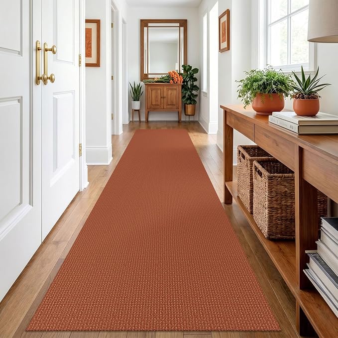 IOHOUZE Washable Runner Rug 3x12 Non Slip Rubber Backed Extra Long Hallway Runner Entryway Runner Indoor, Kitchen Rugs Woven Cotton Floor Carpet for Hall Entrance, Burnt Orange/Tan