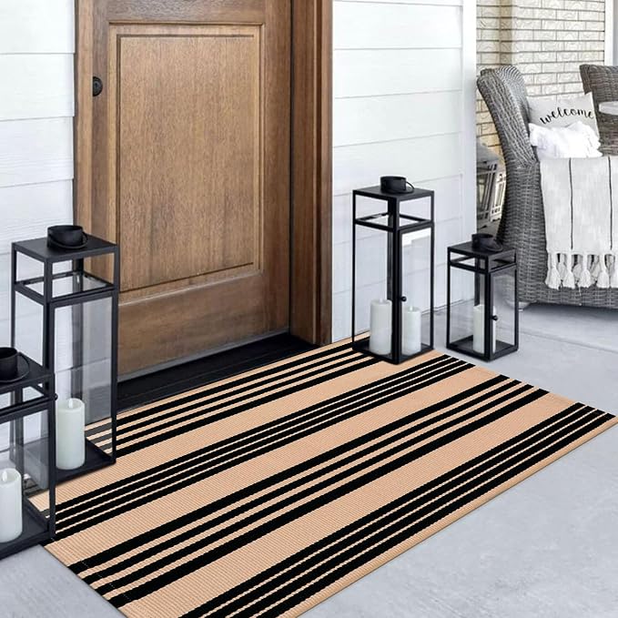 LEEVAN 3'X5' Black and Tan Striped Woven Cotton Reversible Outdoor Rug | Small Machine Washable Front Porch Rug, Entryway Door Mat, Indoor Layering Carpet for Farmhouse Bathroom Laundry