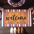 4th of July Patriotic artificial Coir Door Mat USA Red White Blue Stripe Welcome Mats 17x30 inches Star Fireworks Shell Fiber Rug Independence Memorial Day Doormat 250 Anniversary Indoor Outdoor Decor