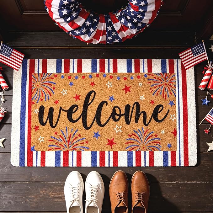 4th of July Patriotic artificial Coir Door Mat USA Red White Blue Stripe Welcome Mats 17x30 inches Star Fireworks Shell Fiber Rug Independence Memorial Day Doormat 250 Anniversary Indoor Outdoor Decor