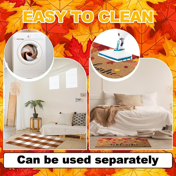 Moucuny 2 Pcs Fall Coir Doormat Outdoor, Maple Leaves Welcome Welcome Doormat 16 x 47, Layered Brown Plaid Rug 24 x 35, Non-Slip Backing, Fall Autumn Porch Entryway Patio Outdoor Decor