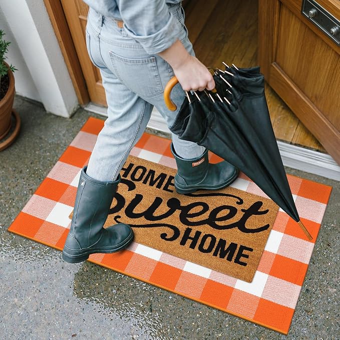 Collive Buffalo Plaid Checkered Outdoor Rug, White and Orange Halloween Fall Decor Door Mat, Washable 27.5x43 Inches Front Porch Rug, Layered Welcome Mat Doormat for Porch Entryway Patio Kitchen
