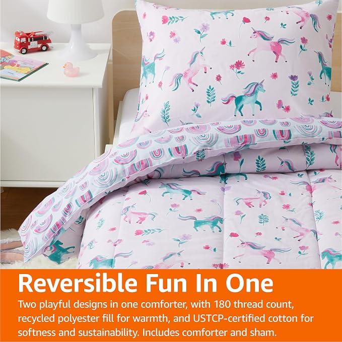 Amazon Basics Kids' 3-Piece Lightweight Cotton Shell Reversible Comforter Set with Pillow Sham, USTCP Certified, Twin, Unicorns and Rainbows