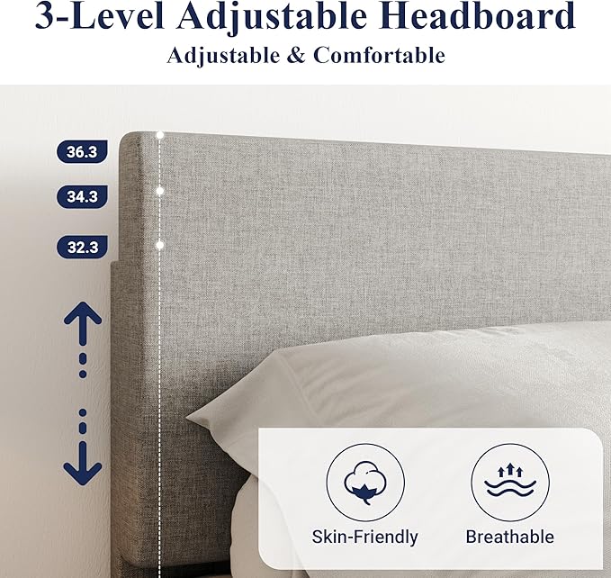 Allewie King Size Upholstered Bed Frame Adjustable Headboard, Light Grey | Platform Bed with Heavy Duty Mattress Foundation, Noise-Free, Easy Assembly, Wood Slat Support, No Box Spring Needed