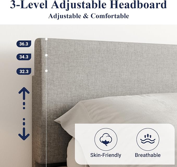Allewie Full Size Upholstered Bed Frame Adjustable Headboard, Light Grey | Platform Bed with Heavy Duty Mattress Foundation, Noise-Free, Easy Assembly, Wood Slat Support, No Box Spring Needed