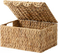 StorageWorks Wicker Basket with Lid, Scalloped Edge Woven Basket, Water Hyacinth Storage Baskets with Lid, Large Baskets for Shelves, Decorative Storage Boxes, 16½" L X 13" W X 7½" H