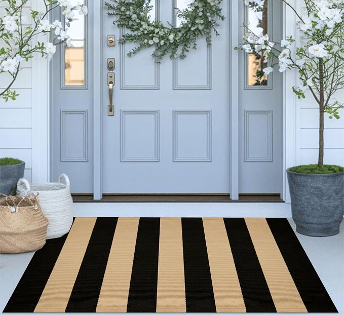 Striped Layering Rug 27.5"x43",Black and Tan Farmhouse Front Porch Mat Cotton Woven Washable Entryway Rug Indoor Outdoor Front Door Mat for Porch/Entryway/Home Entrance Decor
