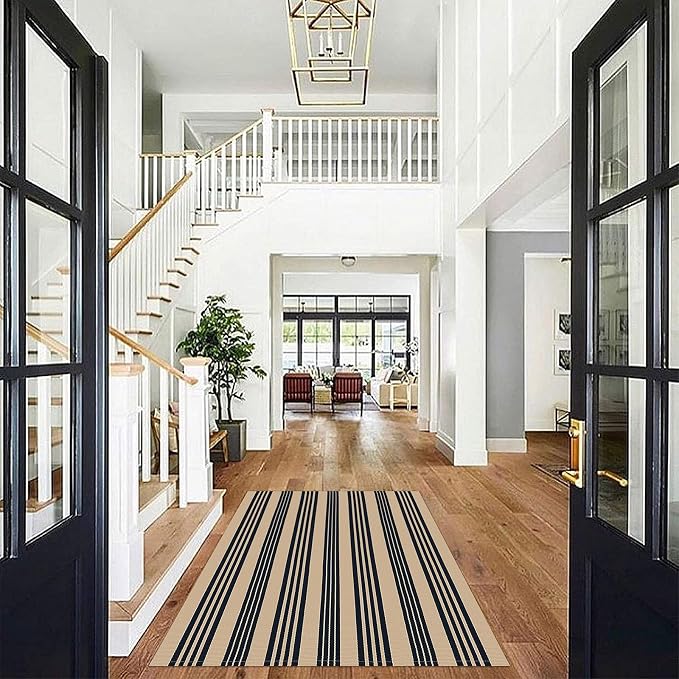 KOZYFLY Striped Front Door Mat 4x6 Ft Brown and Black Front Door Rug Cotton Washable Indoor Outdoor Rug Large Doormats Outdoor Striped Area Rugs for Kitchen Entryway Front Porch
