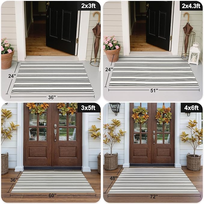 OJIA Black and White Outdoor Rug 24"x51" Front Door Mat Fall Porch Decor | Machine Washable Outdoor Doormat Woven Front Porch Rug Indoor Door Mat Entryway Striped Rugs for Farmhouse/Kitchen/Entrance