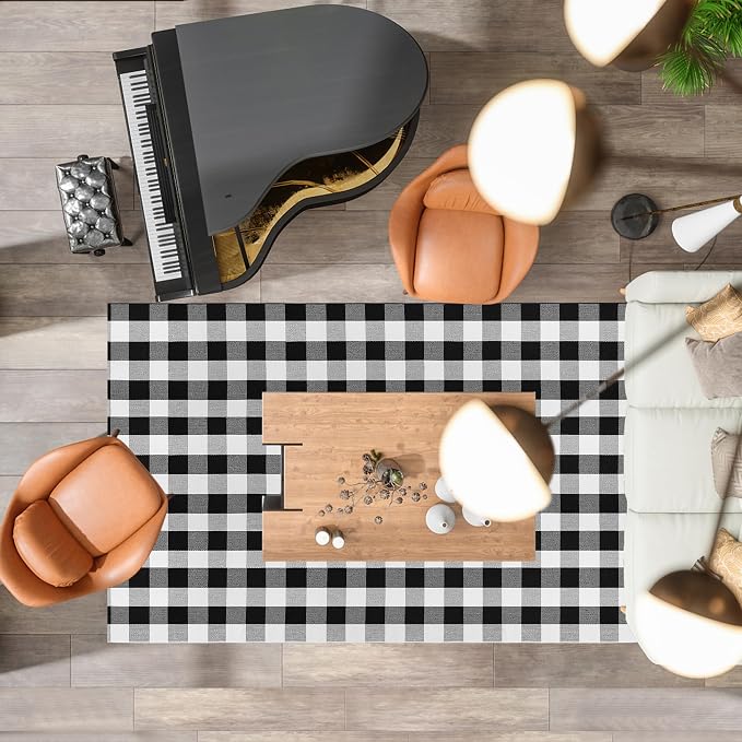 Buffalo Plaid Rug - 6x9 Feet, Black and White Checkered, Cotton Woven, Washable Indoor/Outdoor Area Rug for Living Room, Dining Room, Bedroom, Patio