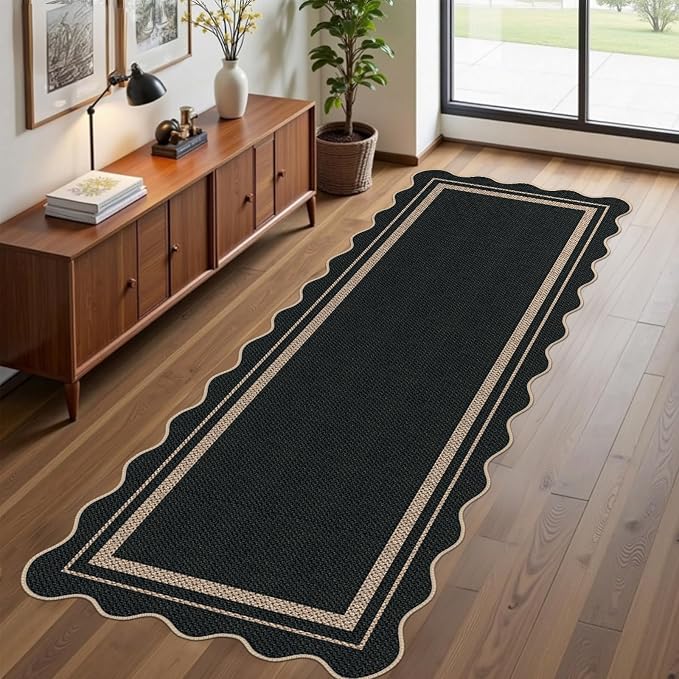 Easy Jute Runner Rug 2x6, Black Indoor Outdoor Carpet, Washable Non-Slip Floor Mat for Entryway Hallway Kitchen Porch