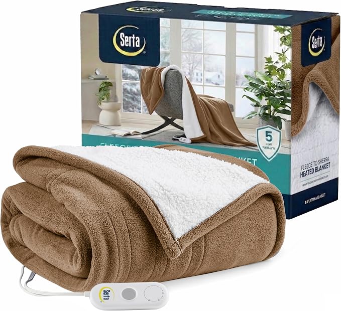 Serta Heated Blanket Full - Reversible Fleece Heating Blanket, Stone Brown | Dual-Layer Heated Throw Blanket With 5 Heat Settings & Auto Shut Off, Machine Washable, ETL Certified