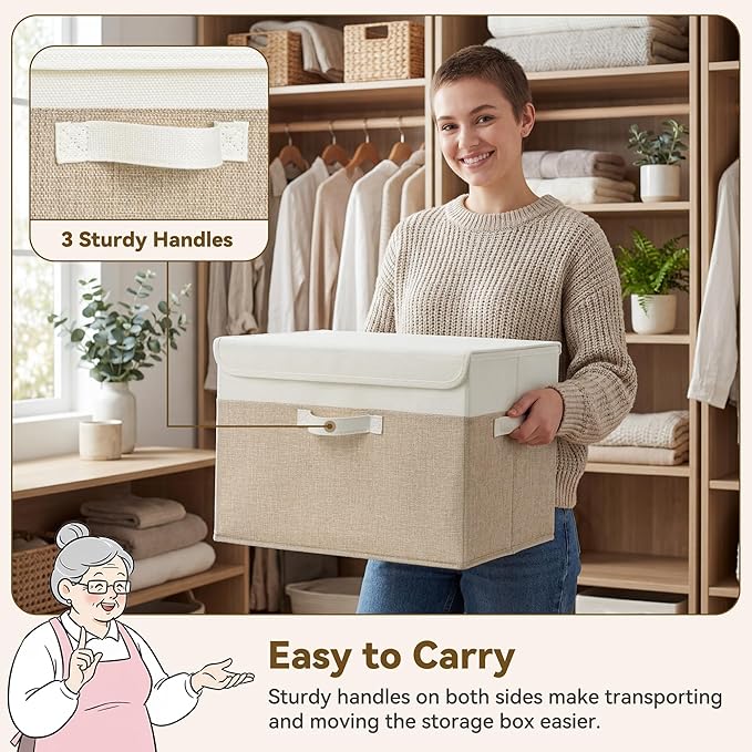 GRANNY SAYS Storage Boxes with Lids, Decorative Storage Bins, Shelf Baskets, Clothes Storage and Organization, White/Khaki, 4-Pack