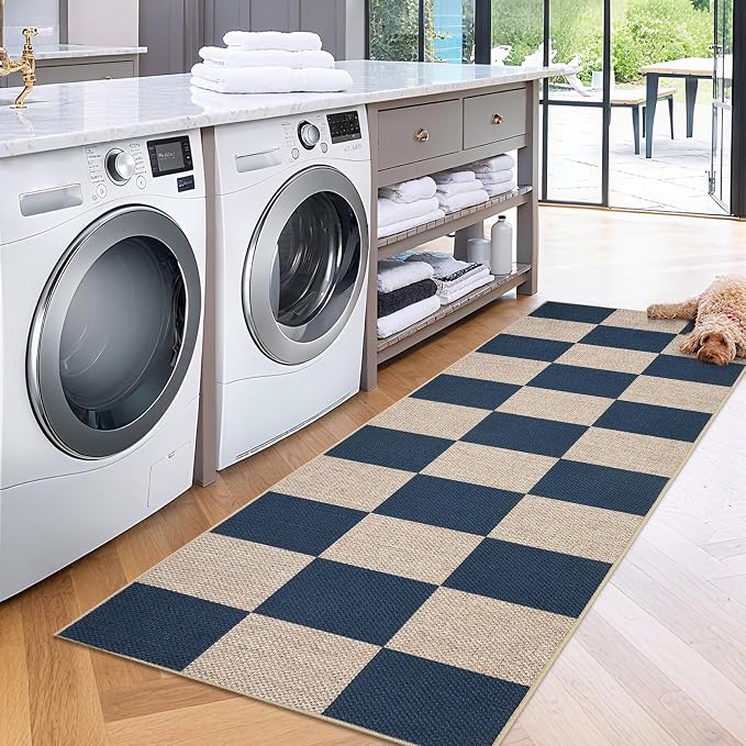 GarveeHome Easy Jute Rugs 2x8 Checkered Kitchen Runner Rugs Non Skid Washable Stain Resistant Indoor Outdoor Rugs for Living Room, Bedroom, Dining, Patio - Farmhouse Style Navy Blue