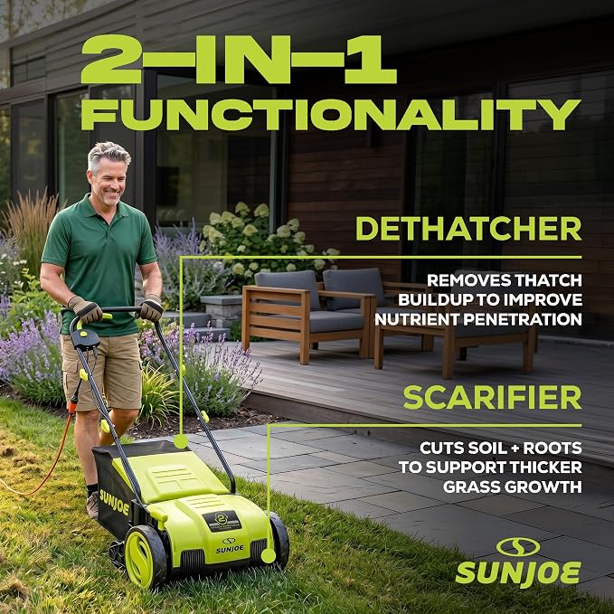 Sun Joe Corded Electric Lawn Dethatcher and Scarifier, 12-Amp, 12.6-Inch Cutting Width - Heavy-Duty Yard Trimmer and Mower Machine for Gardening Care and Maintenance, AJ798E