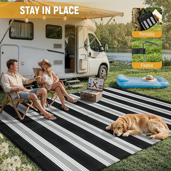 Lahome Striped Outdoor Rug 8x10 Patio Waterproof, Reversible Outdoor Plastic Straw Rug for Camping, RV Patio Rugs Outside Large Carpet for Porch Deck Backyard Picnic(Black/Grey,8'x 10')
