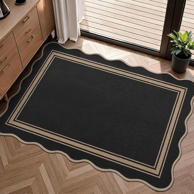 Easy Jute Kitchen Rug 2x3 Front Door Mat Washable Non Slip Entryway Rug Farmhouse Neutral Low Pile Black Scalloped Rugs for Entryway Proch Doorway