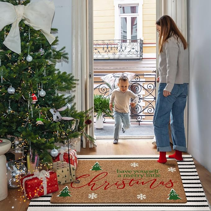 Moucuny 2 Pcs Christmas Outdoor Mat, Non Slip | Christmas Welcome Coir Door Outdoor Black White Stripe Rug Front Door Porch Entryway Decor, 24'' x 35'', 16'' x 28''