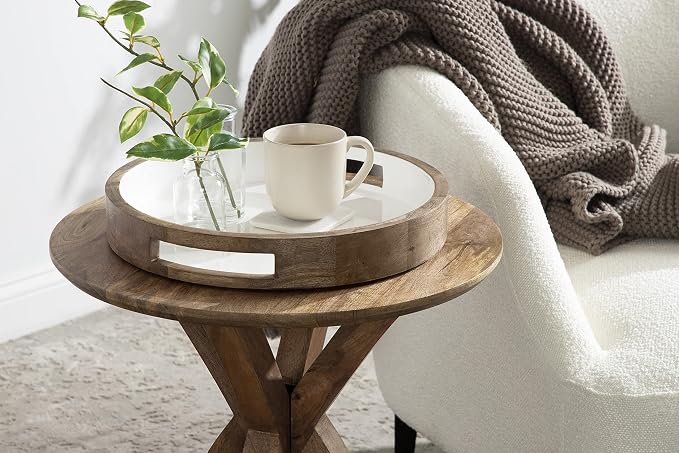 Kate and Laurel Ehrens Boho Wood Tray, 15 Inch Diameter, Natural and White, Round Accent Tray for Transitional Decor