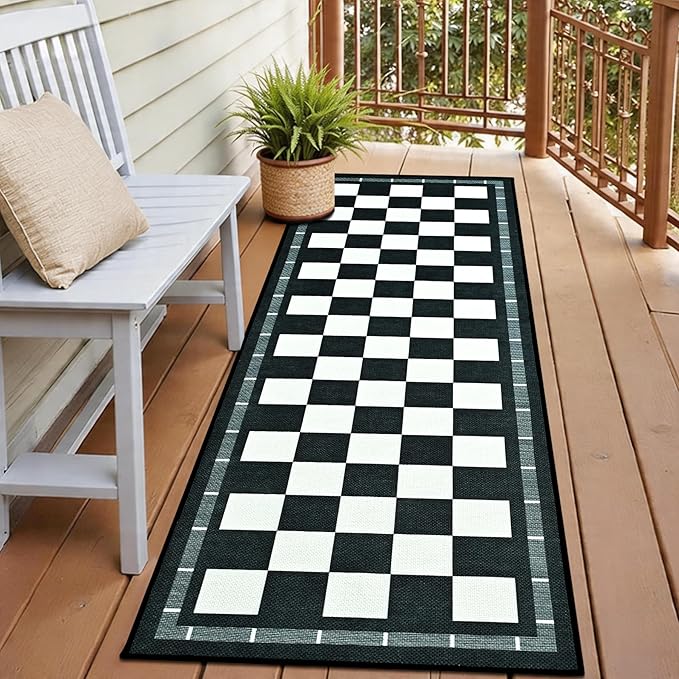 2.5x8 Jute Checkered Runner Rugs, Outdoor Runner Rug, Washable Hallway Rug | Patio Porch Balcony Runners Indoor Bedroom Kitchen Laundry Mat, Non Slip Plaid Farmhouse Carpet, Black and White