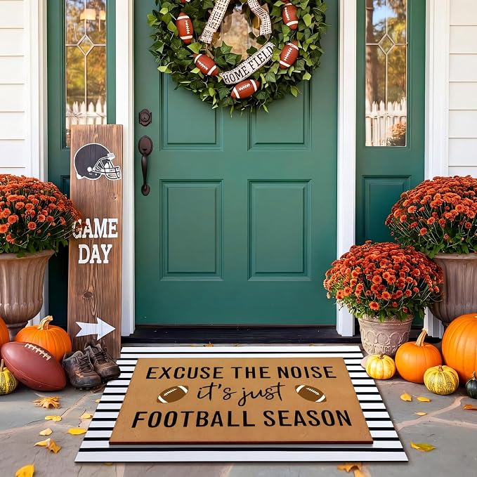 Tinideya 2 Pcs Football Layered Doormat Set, Football Season Funny Quote Welcome Mats with Black White Striped Rug, Non Slip Fall Porch Decor for Game Day Tailgate Entryway Patio