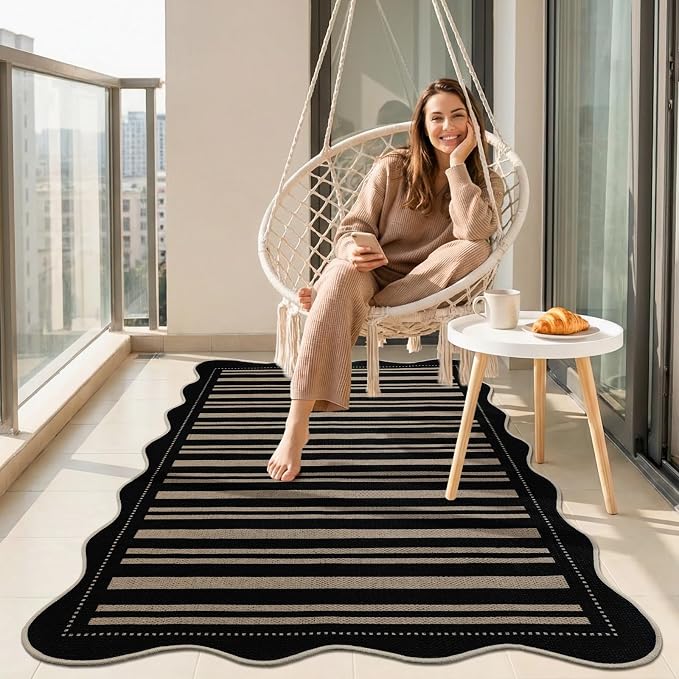 EDIMENS Scalloped Outdoor Rug 3x5 Jute Front Porch Patio Entry Entryway Rug | Striped Front Door Mat Small Non-Slip Washable Area Rug Carpet Low Pile Black Indoor Farmhouse Doormat for Entrance Doorway