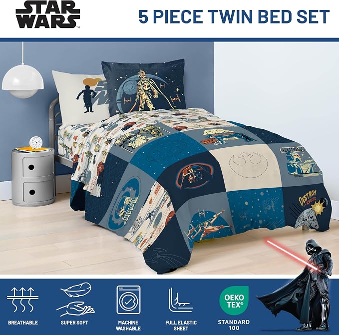 Jay Franco Star Wars Twin Comforter Set 5 Piece Soft Bedding for Boys, Blue | Darth Vader Yoda, Bed in a Bag, Comforter Sheets Sham Pillowcase, Official Product, Microfiber, Machine Washable, Boys Gift
