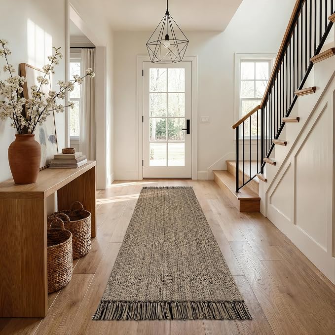 Collive Boho Washable Kitchen Runner Rug, 2.6' x 7' Natural/Black Bathroom Rugs Modern Farmhouse Hallway Runner Rug, Hand Woven Entry Hall Carpet for Laundry Bedroom Decor