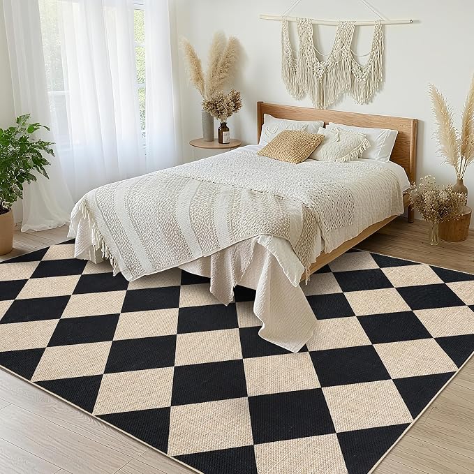 Garvee Easy Jute Rugs for Entryway 5x7 Modern Geometric Washable Rug for Living Room, Non Slip Non Shedding Diamond Outdoor Area Rug Stain Resistant Mats for Bedroom, Dining Room, Patio, Black/White