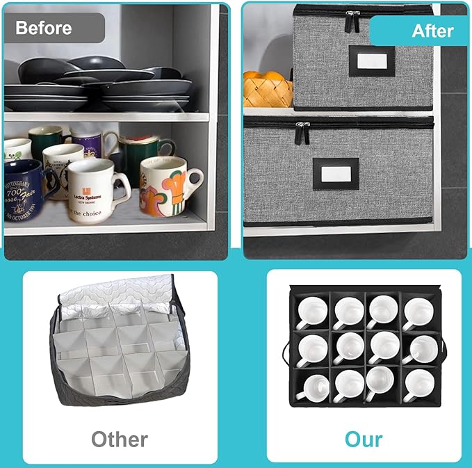5 PACK China Storage Containers-Quilted Mug Storage and Moving Boxes for Dishes,Dish Packing Supplies for Moving,Dinnerware &Accessories,Holds a total of 48 plates (4 sizes) and 12 cups(Grey) | Holds 48 Plates (4 sizes) and 12 Cups,Dish Packing Supplie...