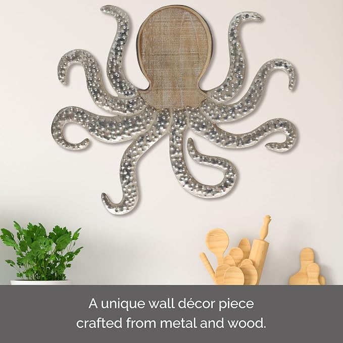 Elements Metal and Wood Octopus Wall Decor - 22 x 19 Inch Coastal Nautical Art Piece with Elegant Metal Tentacle Details - Neutral Tone Wooden Ocean Wall Art for Living Room, Bedroom, or Bathroom