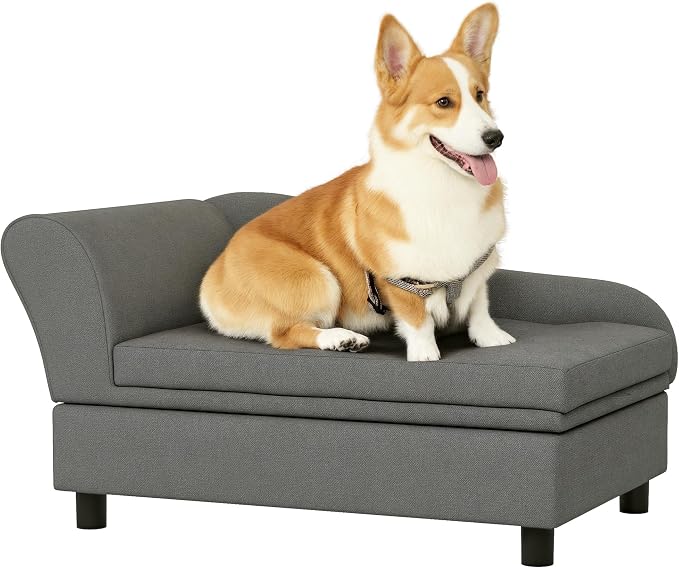 PawHut Pet Sofa, Dog Couch, Elevated Pet Bed for Small Dogs, with Hidden Storage, Soft Tufted Cushion, Gray
