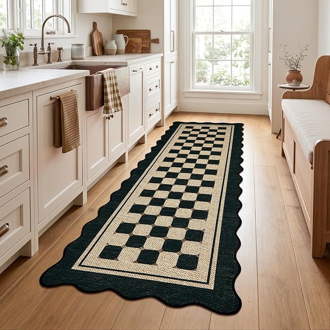 Garvee Easy Jute Scalloped Runner Rug, 2x6 Washable Rugs Runner for Hallway Non-Slip Boho Farmhouse Long Kitchen Rug, Modern Checkered Indoor Outdoor Carpet for Porch Laundry Entryway 2'x6'
