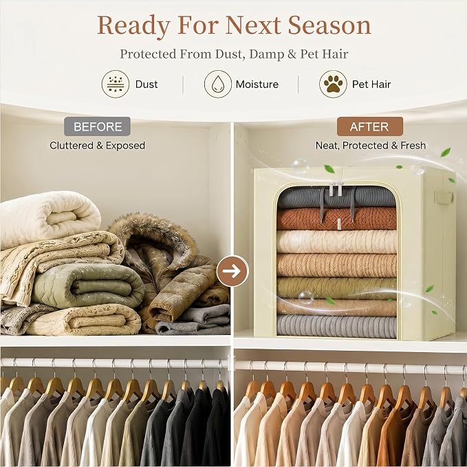 GoMaihe Blanket Storage Bins with Metal Frame for Closet, 55L 4-Pack Beige | Clothing Comforters Bedding Winter Coat, Closet Top Shelf, Collapse-Proof Stackable, Clear Window, Dual Access Space Saving