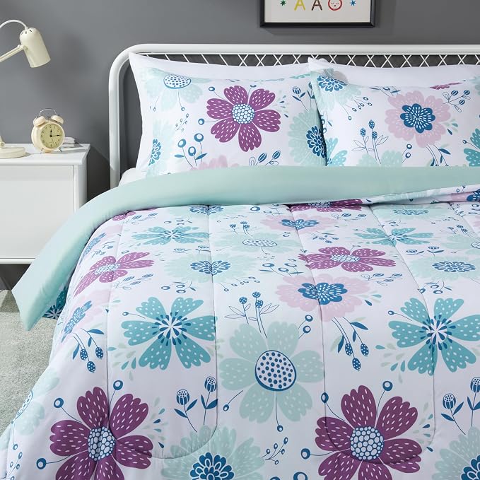 Amazon Basics 3-Piece Soft, Plush Microfiber Kids' Comforter and Pillow Sham Set, Full/Queen, Purple Flowers, Bluish Pink, Floral