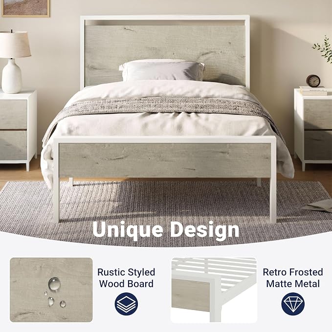 Allewie Twin Size Bed Frame, Heavy Duty 12 Metal Slats Support, White | Wooden Headboard and Footboard, Modern Platform Bed, No Box Spring Needed, Under-Bed Storage, Noise Free, Easy Assembly