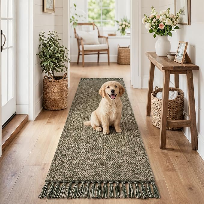Collive 2' x 6' Kitchen Runner Rug, Modern Farmhouse Washable Bathroom Mat, Boho Moss Green Hallway Runner Rugs Hand-Woven Reversible Bedroom Carpet for Laundry Entryway Home Decor