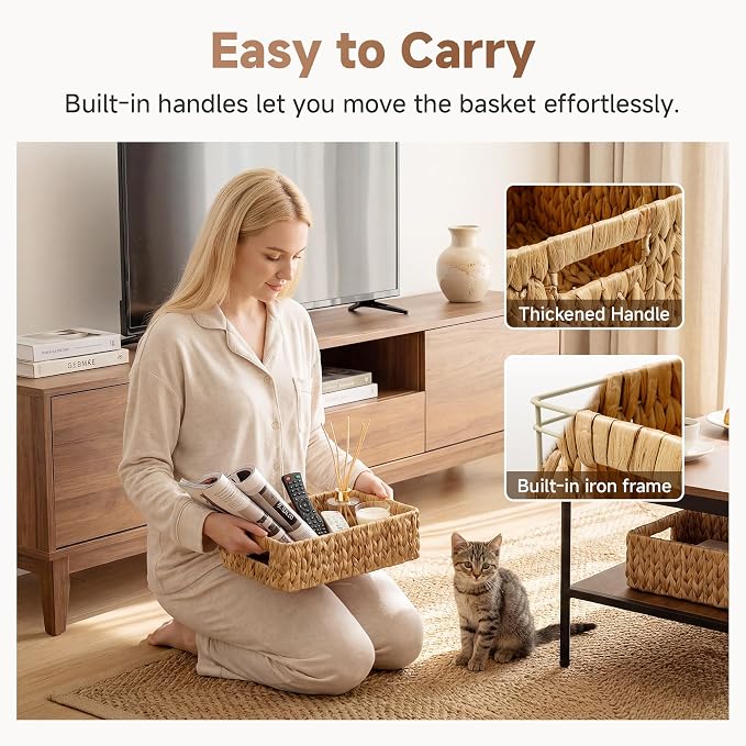 StorageWorks Small Wicker Baskets for Shelves,Shallow Baskets,2-Pack | Water Hyacinth Storage Baskets for Organizing,Wicker Storage Baskets for Shelves,Pantry Organizers and Storage,Woven Baskets