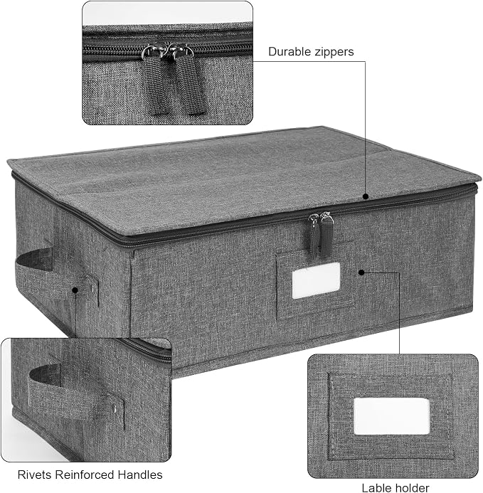 popoly Platter Storage, China Storage Containers Hard Shell 17" x 13" x 6" | China Platter Storage Containers with 5 Felt Dividers Included, Structured Top and Stackable (Linen Grey)