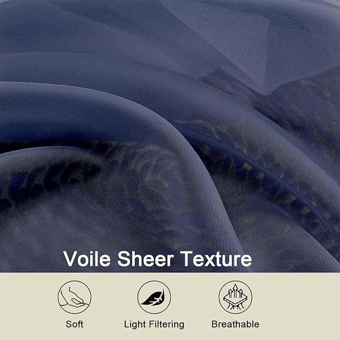 Sheer Navy Blue Curtains for Bedroom Living Room 63 Inch Length 2 Panels - Image 3