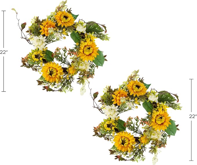 Sunflower Wreaths - Set of Two 22-Inch Artificial Spring, Summer, or Fall Wreaths for Home Decor - Wreaths for Indoors or Covered Patio by Pure Garden