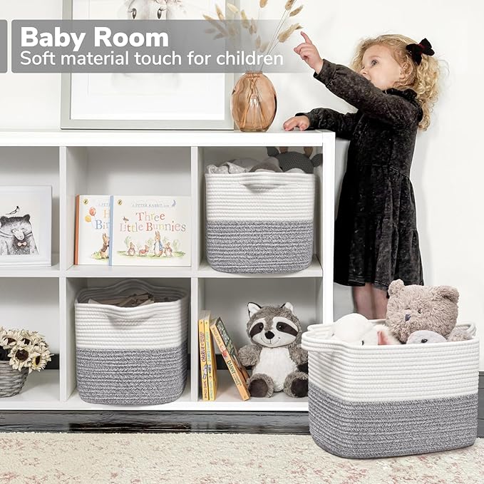 Goodpick Cotton Rope Small Laundry Basket, 13" x 10" x 9", Gray & White | Decorative Storage Basket for Clothes, Towels & Shoes, Closet & Shelf Organization, Reinforced Woven Handles