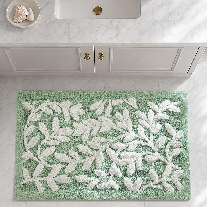 Madison Park Serene Tufted Bath Rug Cotton Absorbent, 21 x 34, Sage Green | Quick Dry, Soft Pile, Machine Washable, Floral Pattern, Plush, OEKO-TEX Certified