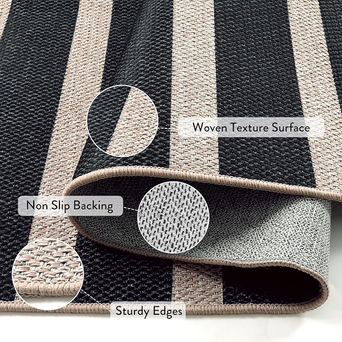 Lahome Striped Easy Jute Outdoor Patio Rug, 5x7 Living Room Washable Rugs | Dining Room Area Rug Black, Modern Farmhouse Neutral Non Slip Non Shedding Carpet for Porch Deck Classroom Entryway Office